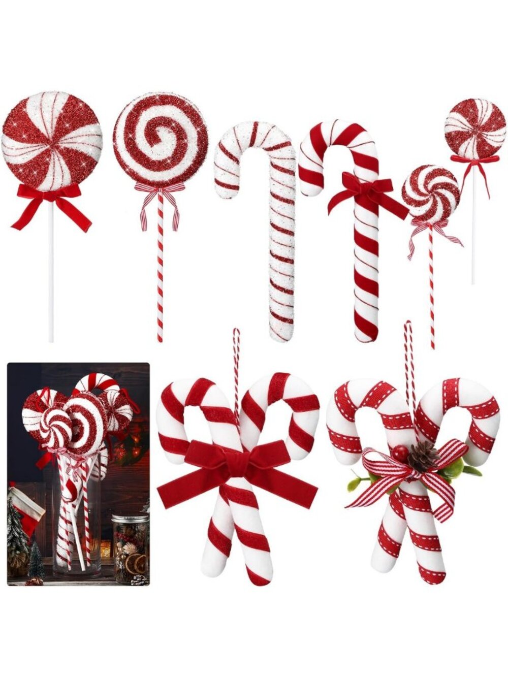 8pcs 16" Giant Candy Cane Ornaments - Red & White Christmas Tree Decor